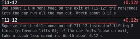 Two coach findings for turns 11 to 12, each worth 0.12 seconds: use about 1.0 metre more road on the exit because the reference lets the car run all the way out, and squeeze the throttle once out of the corner instead of lifting 3 times where the reference lifts none, taking a touch less speed in if the car feels loose.