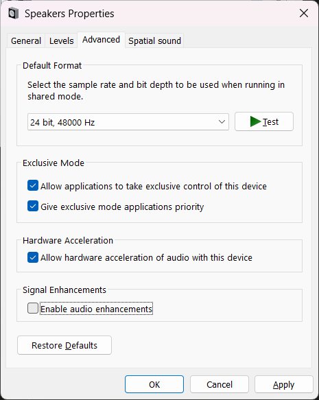 Windows Lautsprecher-Eigenschaften Reiter Erweitert mit deaktiviertem Kontrollkästchen für Signalverbesserungen