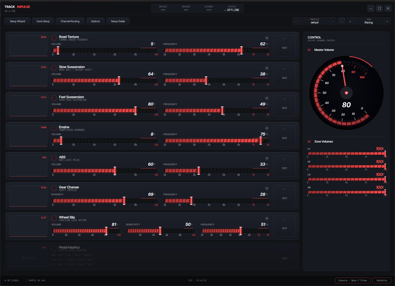 Track Impulse application interface showing per-effect volume and frequency controls, master volume dial, and per-corner zone output sliders for iRacing